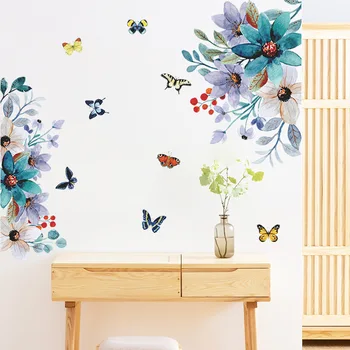 Maľované Kvety Motýľ Samolepky na Stenu Záhradné Dekorácie Vymeniteľné PVC Vinyl Domova Obývacia Izba, Spálňa