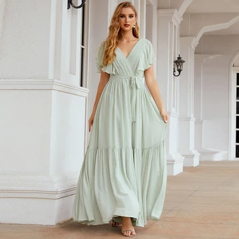 FEELTIMES Sage Green Bridesmaid, Šaty Dlhé-Line tvaru Spp Krátke Rukávy dámske Elegantné Šifón Lacné Svadobné Party Šaty