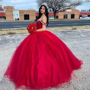 Červená Quinceanera Šaty Princezná Korálkové Kryštály Tylu Čipky Späť Formálne Sprievod guľové Šaty Sweet 16 Narodeninovej Party vestidos 2