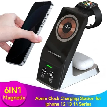 6IN1 Magnetické 15W Bezdrôtová Nabíjačka pre Iphone 12 13 14 Pro Max Budík Apple Hodinky Airpods Pro Nabíjačky Macsafe